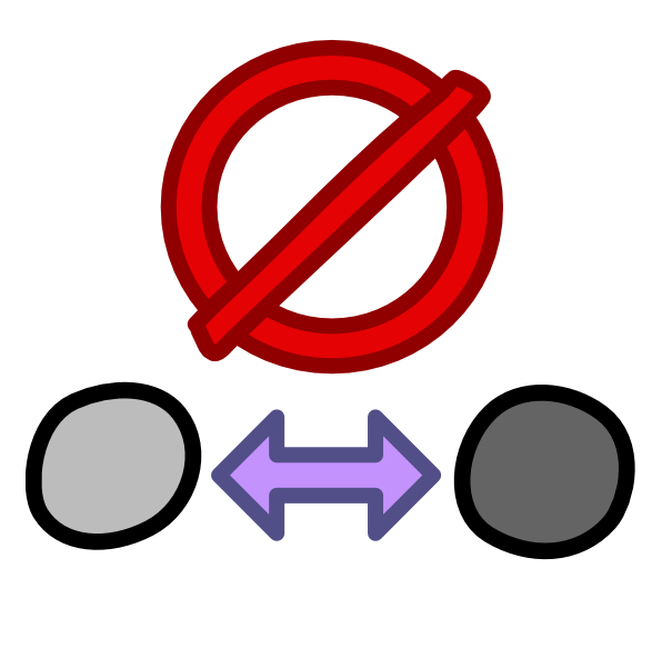  two grey circles one lighter than the other have a purple double sided arrow between them. Above is a red forbidden sign